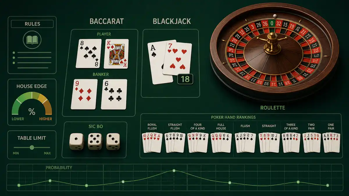 Trò chơi bàn sòng bạc dành cho người mới bắt đầu với bài, xúc xắc và bánh xe Roulette